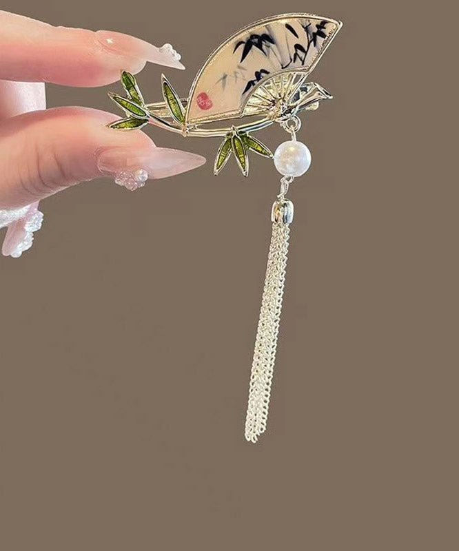Chinese Style Alloy Pearl Bamboo Leaf Fan-shaped Tassel Hairpin