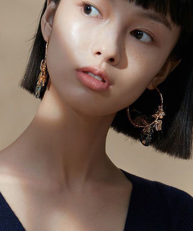 Gold Sterling Silver Overgild Crystal Embroidery Butterfly Hoop Earrings