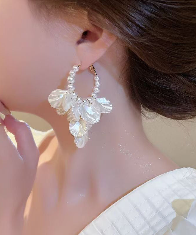 Classy White Alloy Pearl Resin Shell Hoop Earrings