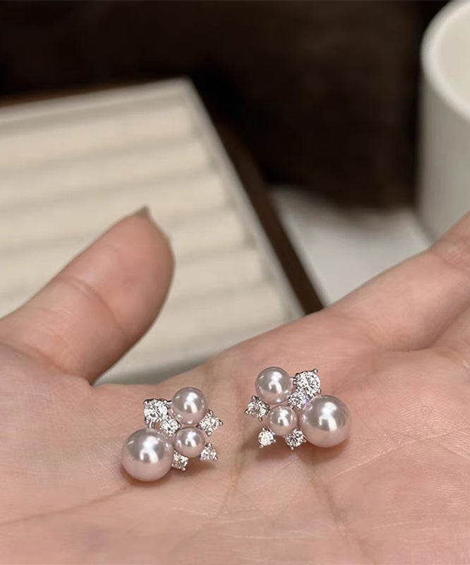Original Design Copper Overgild Zircon Pearl Stud Earrings
