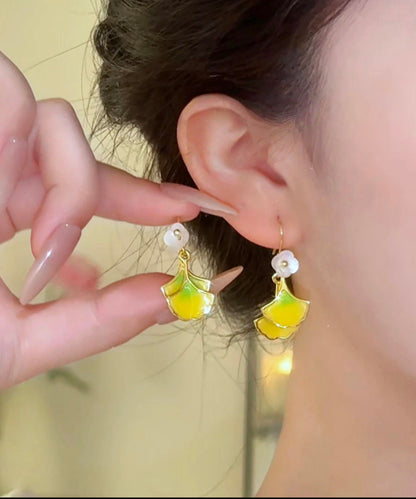 Yellow Copper Overgild Ginkgo Leaf Drop Earrings