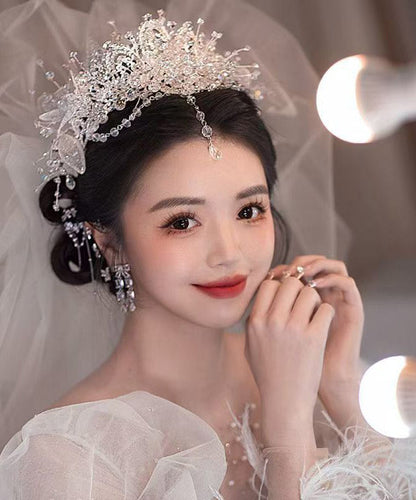 White Alloy Zircon Crystal Tassel Drop Earrings and Hairpiece Two-piece Set
