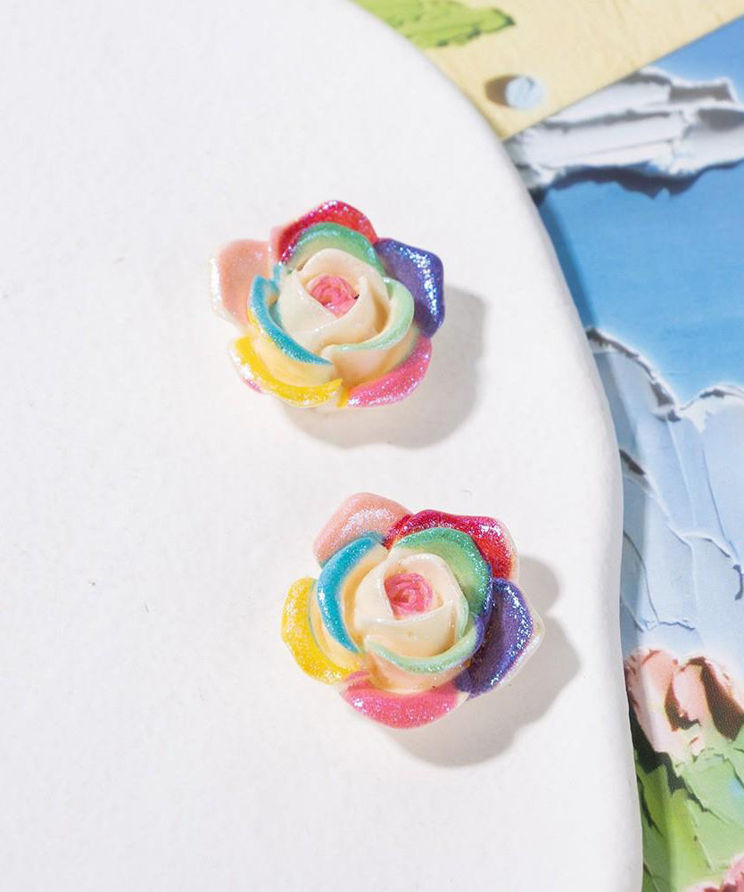 Rainbow Alloy Resin Rose Stud Earrings