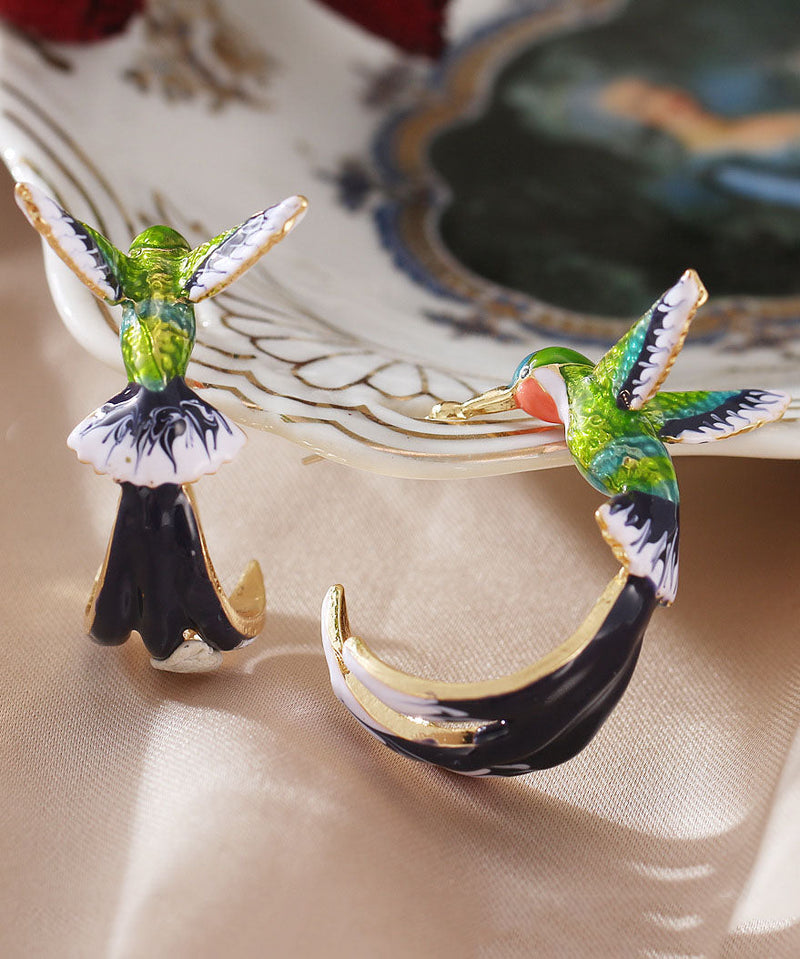 Stylish Green Bird Metal Hoop Earrings
