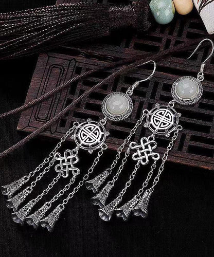 Jade Patchwork Tassel Silver Drop Earrings