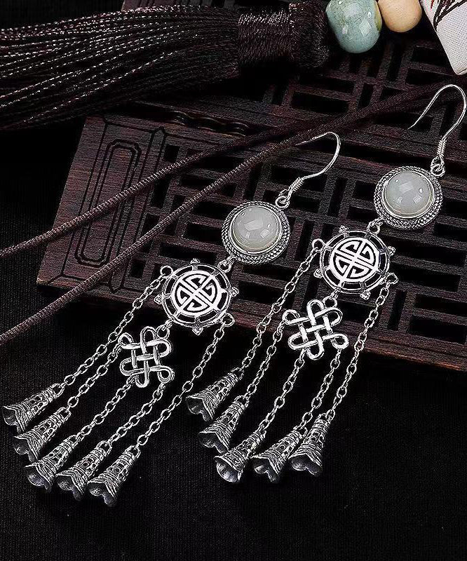 Jade Patchwork Tassel Silver Drop Earrings