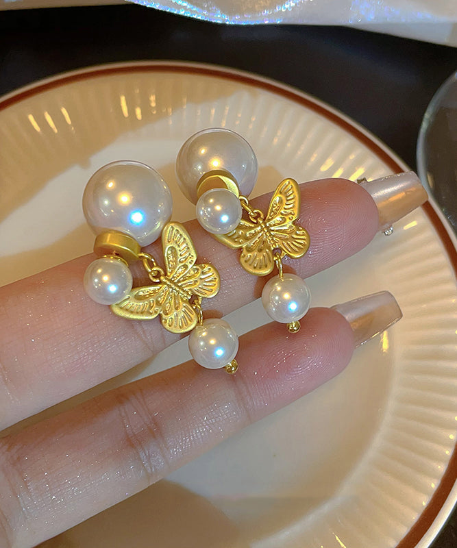 Gold Sterling Silver Overgild Pearl Butterfly Stud Earrings