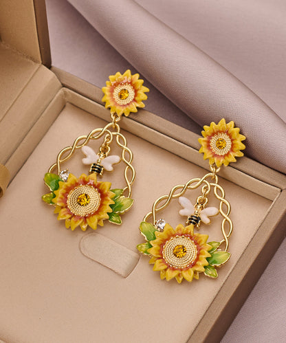Gold Zircon Sunflower Pearl Tassel Lariat Necklace Bracelet and Drop Earrings Three Piece Set