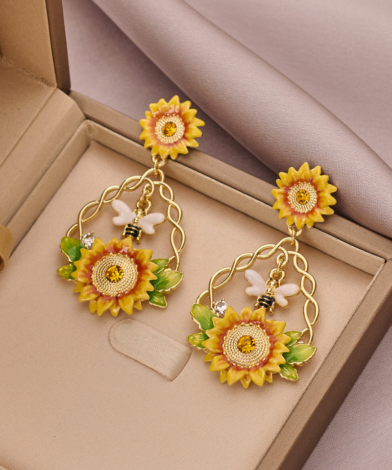 Gold Zircon Sunflower Pearl Tassel Lariat Necklace Bracelet and Drop Earrings Three Piece Set