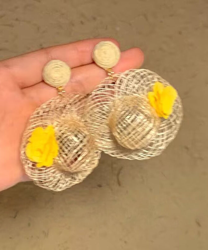 Vogue Beige Weave Straw Hat Drop Earrings