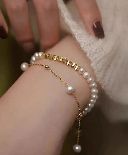 Stylish Gold Copper Overgild Pearl Crushed and Silver Tassel Two Piece Set Charm Bracelet