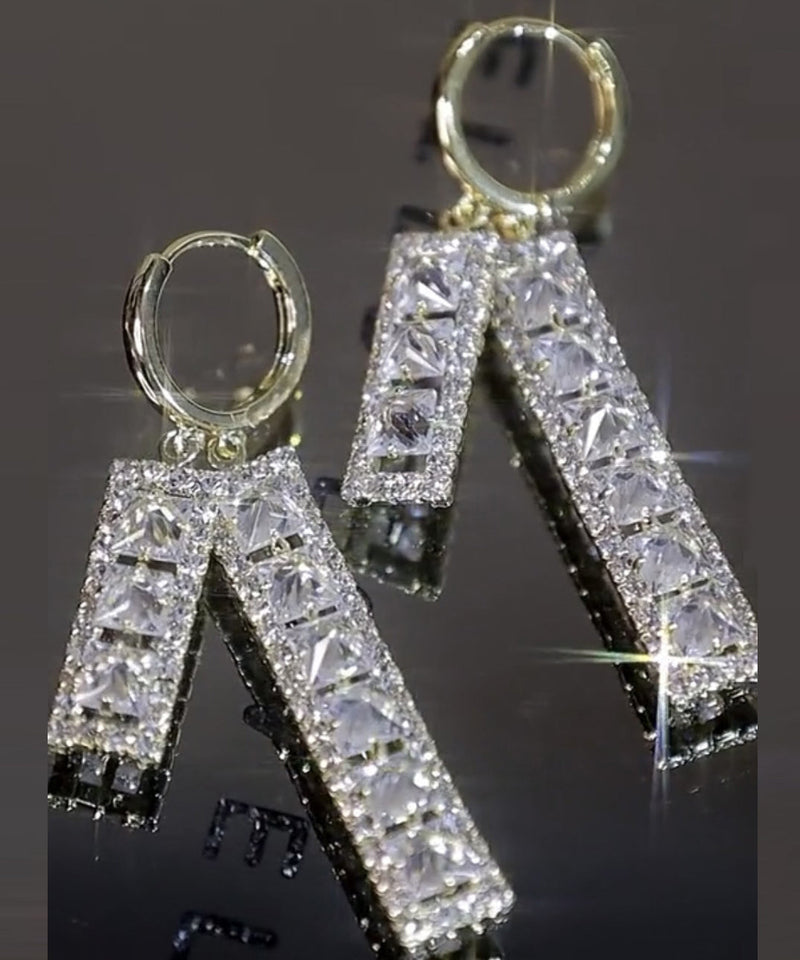 Gold Overgild Zircon Rectangle Tassel Drop Earrings