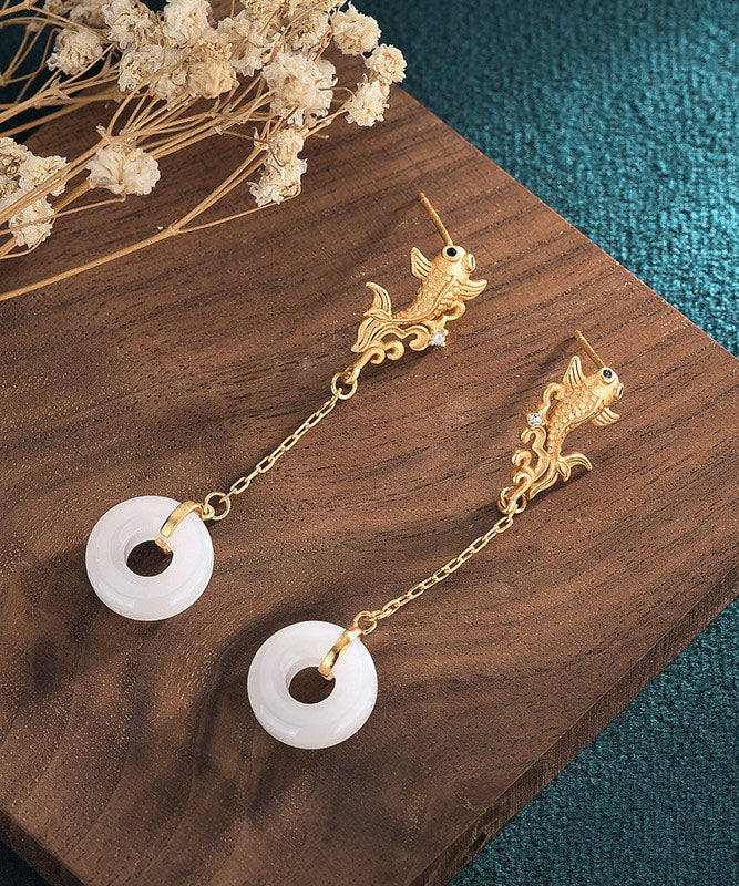 White Sterling Silver Overgild Jade Goldfish Drop Earrings