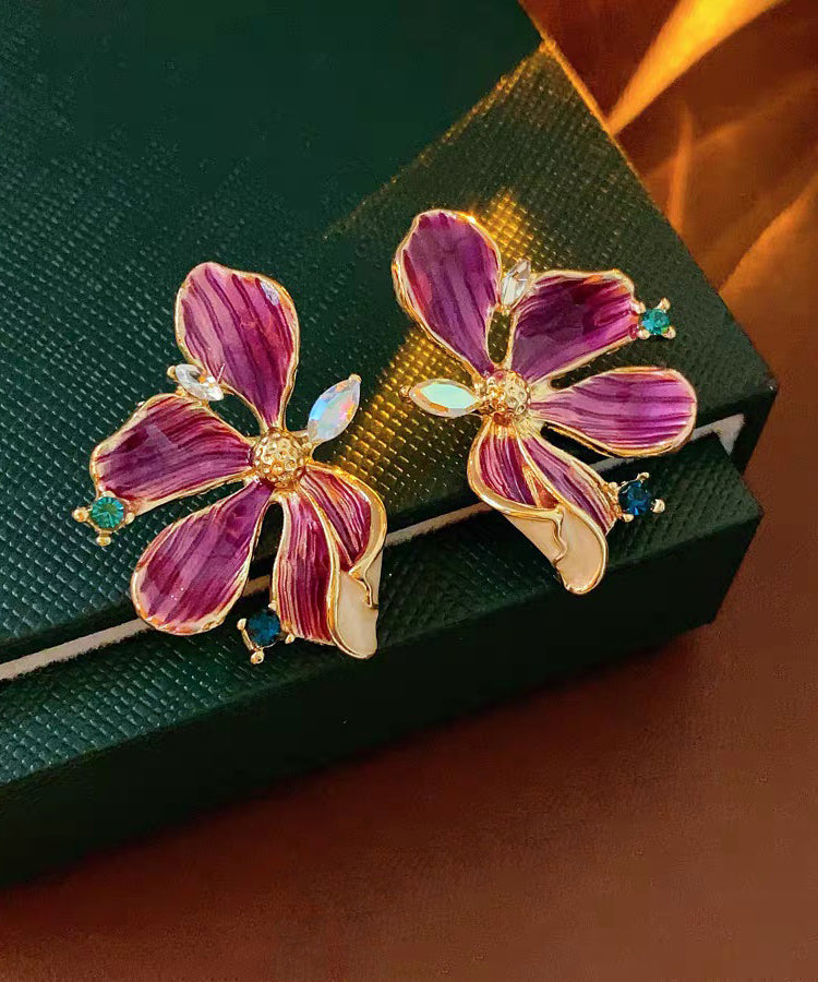 Retro Purple Sterling Silver Overgild Zircon Dripping Glaze Stud Earring