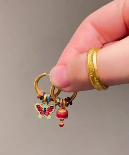 Gold Ancient Gold Asymmetric Butterfly Bell Ename Drop Earrings