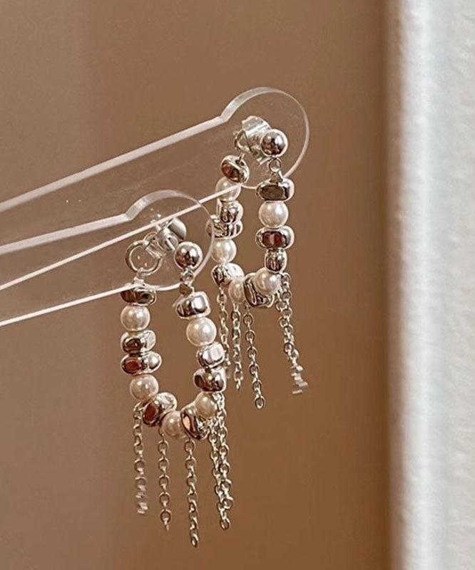 White Copper Silver Plating Pearl Tassel Drop Earrings
