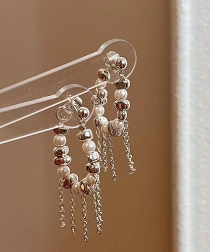 White Copper Silver Plating Pearl Tassel Drop Earrings