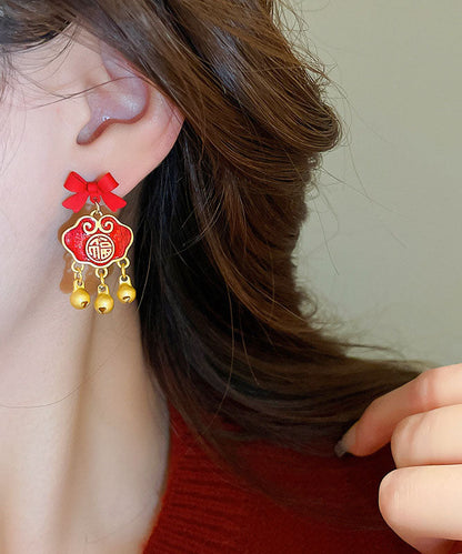 Gold Sterling Silver Overgild Bow Safety Lock Drop Earrings