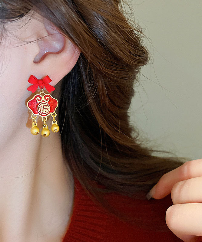 Gold Sterling Silver Overgild Bow Safety Lock Drop Earrings