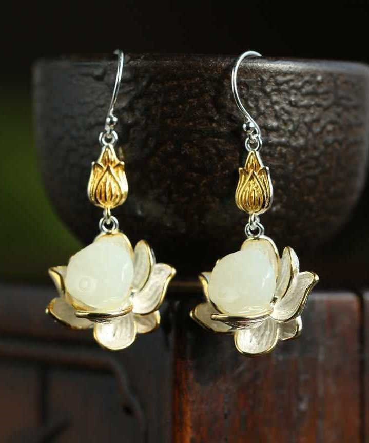 White Sterling Silver Jade Lotus Drop Earrings