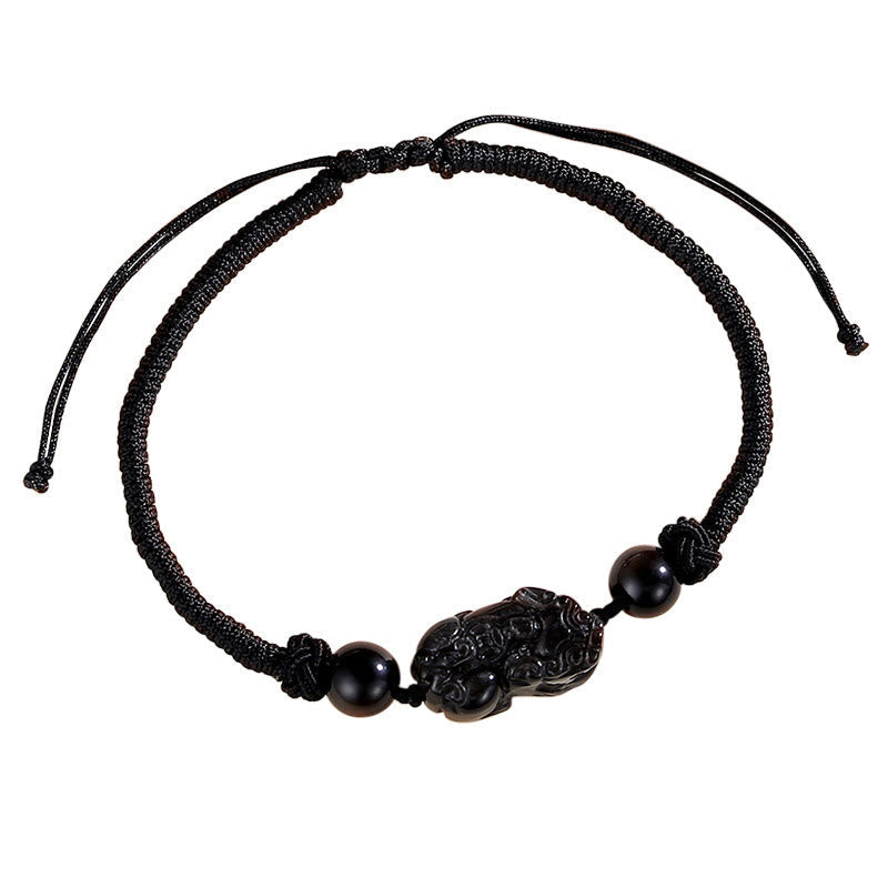 Buddha Stones Handmade Natural Silver Sheen Obsidian Strawberry Quartz Pixiu Protection Braided Bracelet