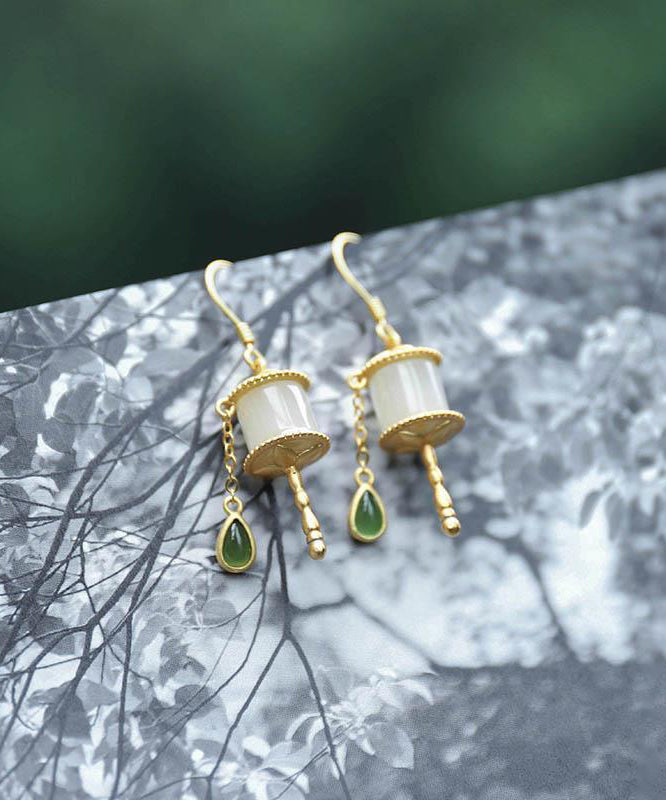 Stylish Gold the Sunflowers Silver Patchwork Jade Earrings