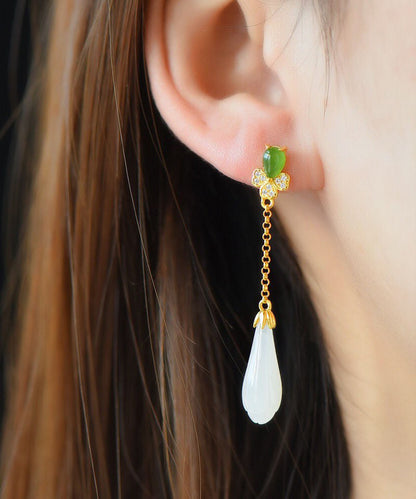 Diy Green Sterling Silver Inlaid Jade Zircon Tassel Drop Earrings