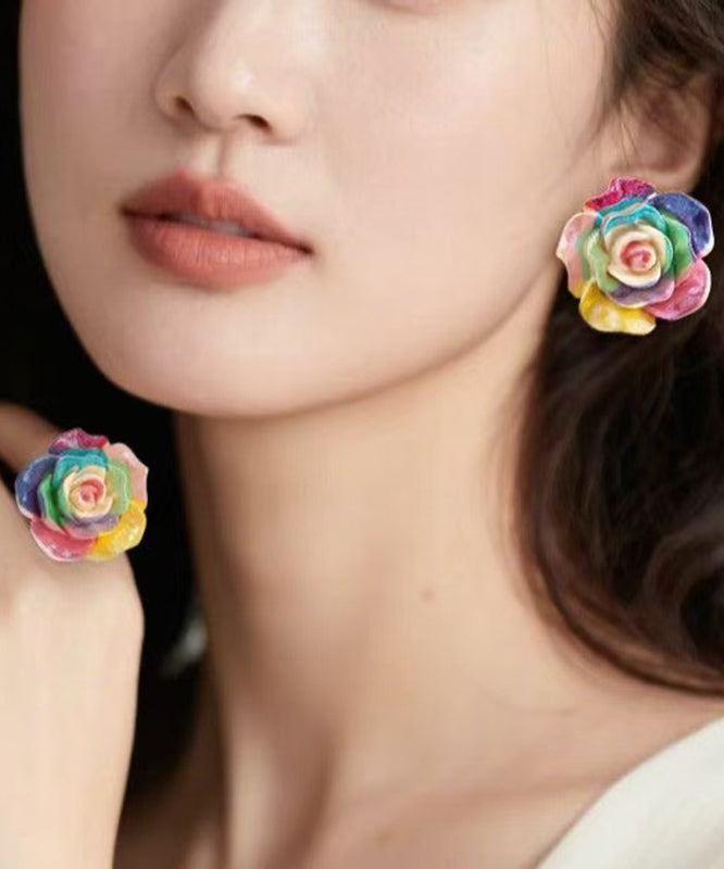 Rainbow Alloy Resin Rose Stud Earrings