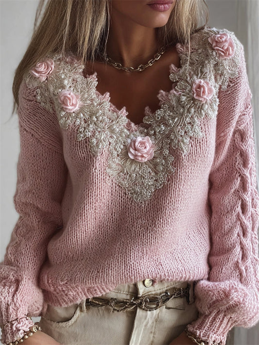 Comstylish Vintage Pink Roses V Neck Cozy Knit Sweater