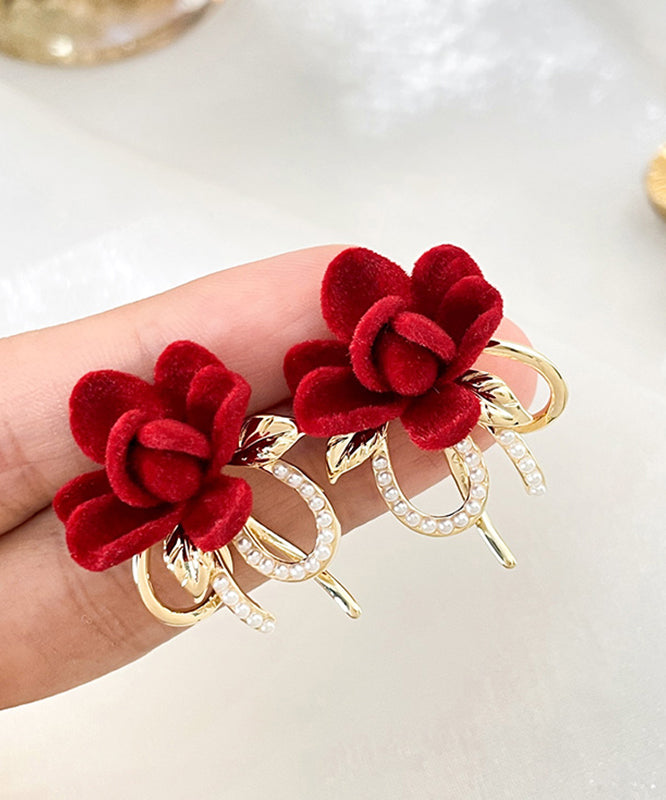 Vogue Red Copper Overgild Flocking Pearl Bow Stud Earrings