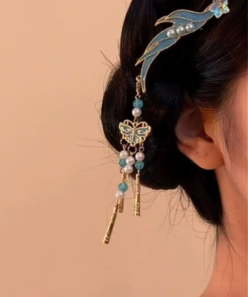 Classy Blue Sterling Silver Overgild Cloisonne Butterfly Tassel a Pair Hairpin