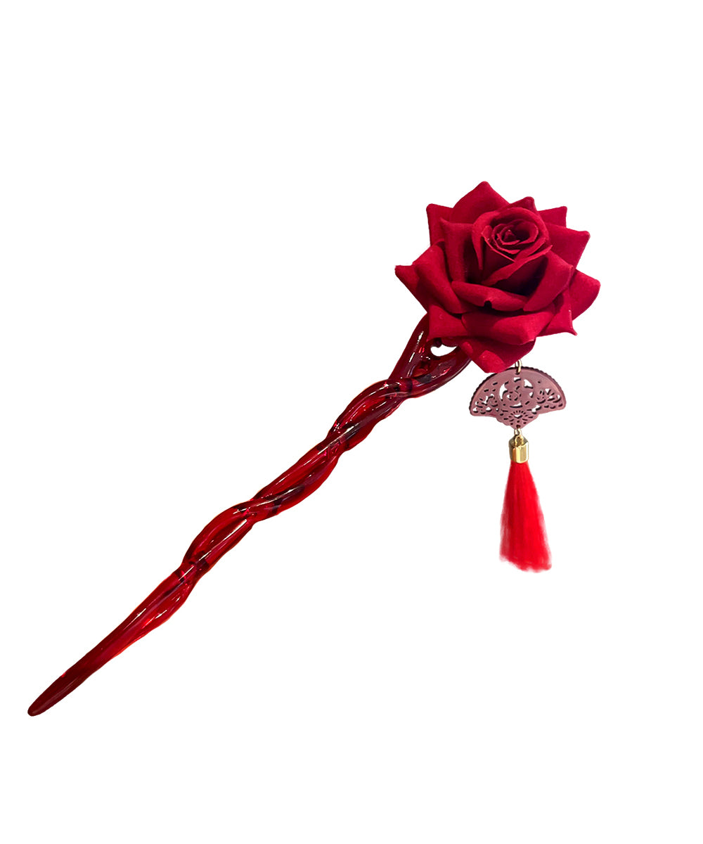 Red Rose Coloured Glaze Tassel Hairpin
