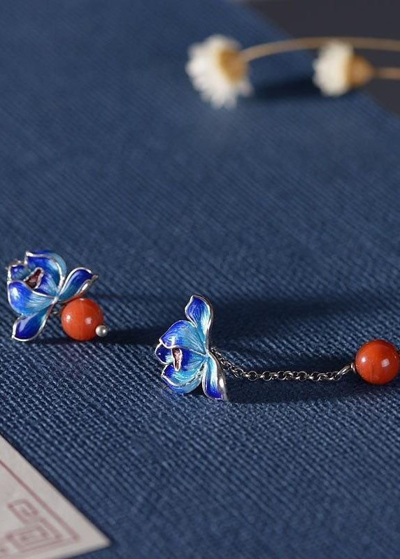 Cloisonne Lotus Tassel Agate Asymmetrical Design Drop Earrings