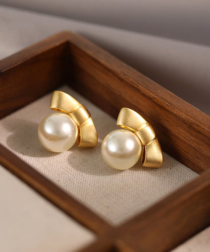 Gold Alloy Pearl Bow Stud Earrings