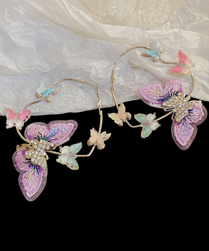 Purple Sterling Silver Alloy Zircon Butterfly Love Hoop Earrings