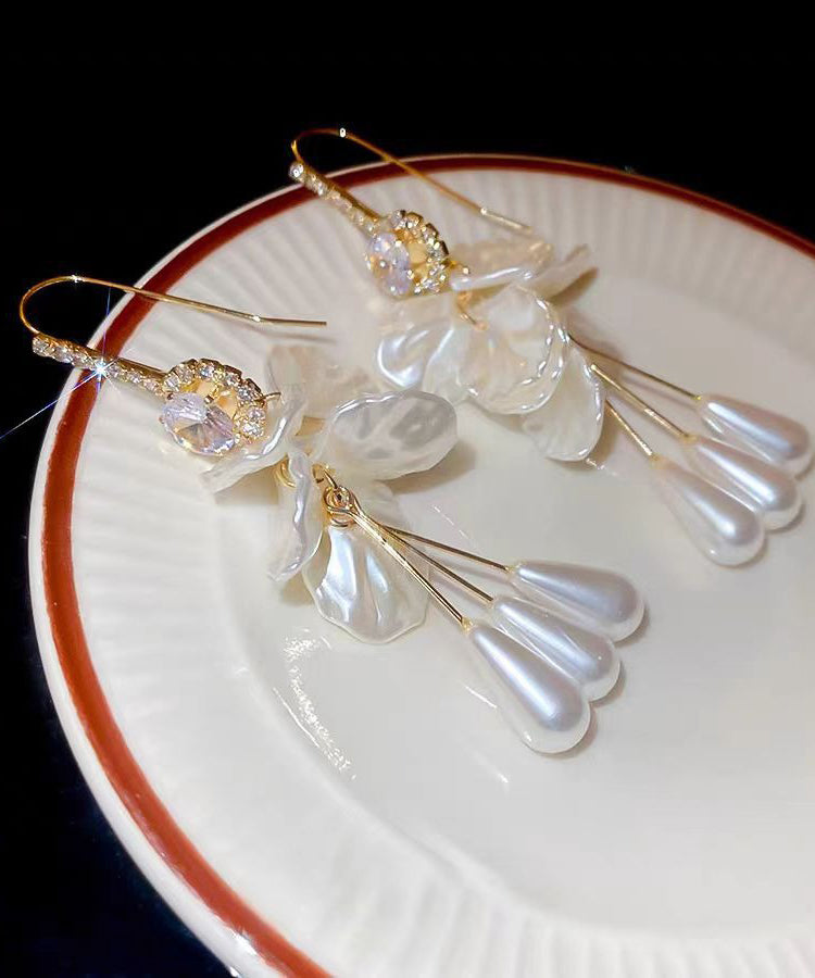 Classy White Copper Overgild Zircon Acrylic Shell Pearl Tassel Drop Earrings