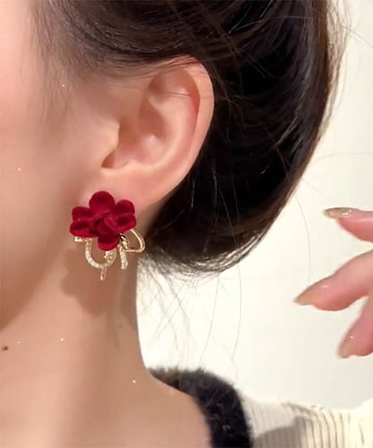 Vogue Red Copper Overgild Flocking Pearl Bow Stud Earrings
