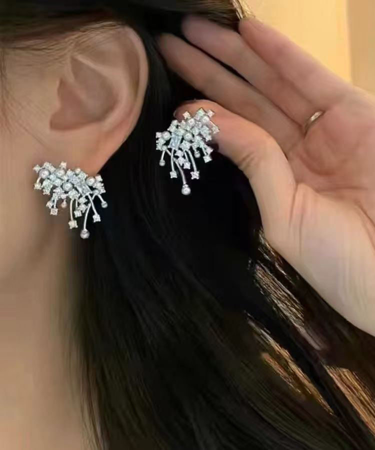 Silk Sterling Silver Zircon Fireworks Pearl Stud Earrings