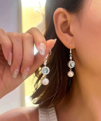 Blue Copper Overgild Inlaid Zircon Crystal Pearl Tassel Drop Earrings