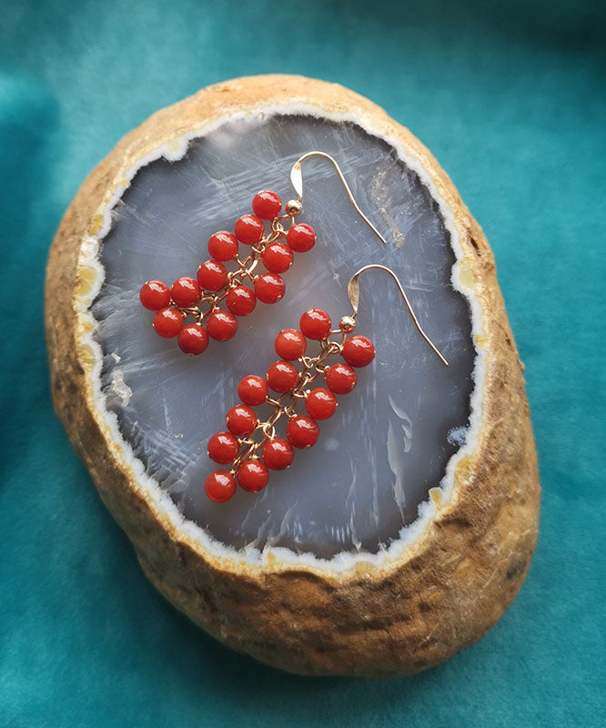 Diy Red 14k Gold Cinnabar Grape Drop Earrings