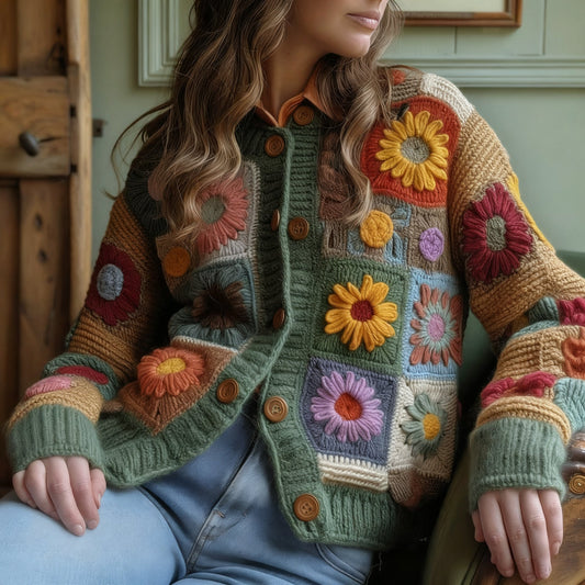Comstylish Women's Floral Patchwork Art Cozy Knit Sweater Cardigan