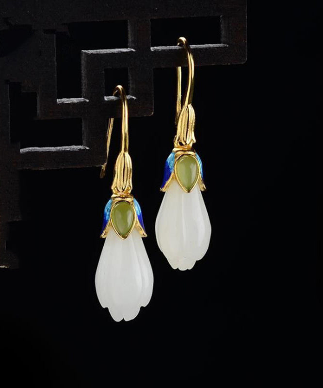 White Paitings Silver Jade Drop Earrings