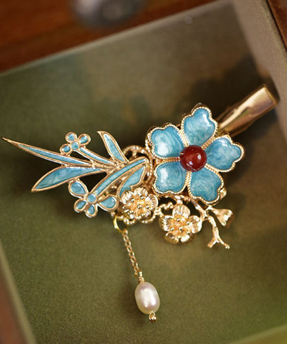 Chinese Style Blue Sterling Silver Overgild Pearl Tassel Hairpin
