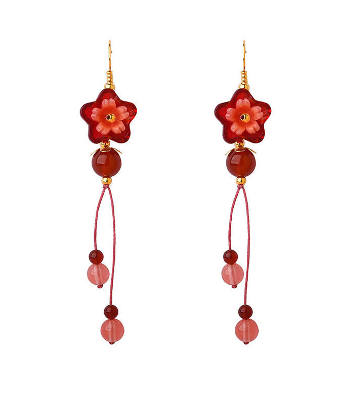 Red Flower Crystal Wedding Drop Earrings