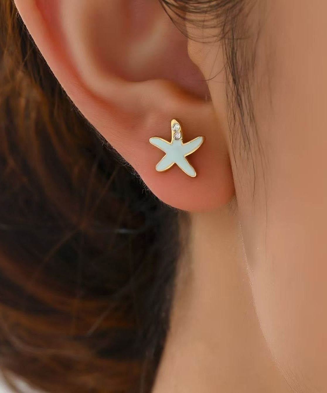 Diy Blue Copper Alloy Zircon Starfish Shell Stud Earrings