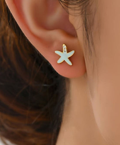 Diy Blue Copper Alloy Zircon Starfish Shell Stud Earrings