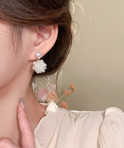 French White Sterling Silver Pearl Resin Hydrangea Stud Earrings