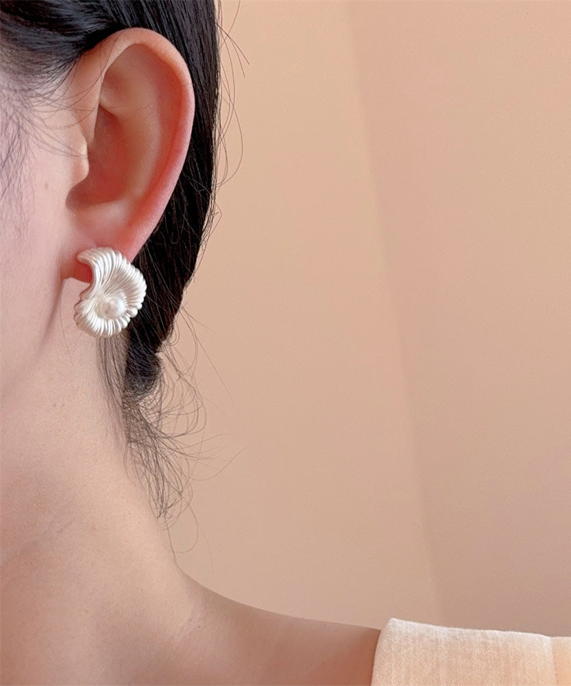 Fine Silk Copper Asymmetrical Fan-shaped Pearl Stud Earrings