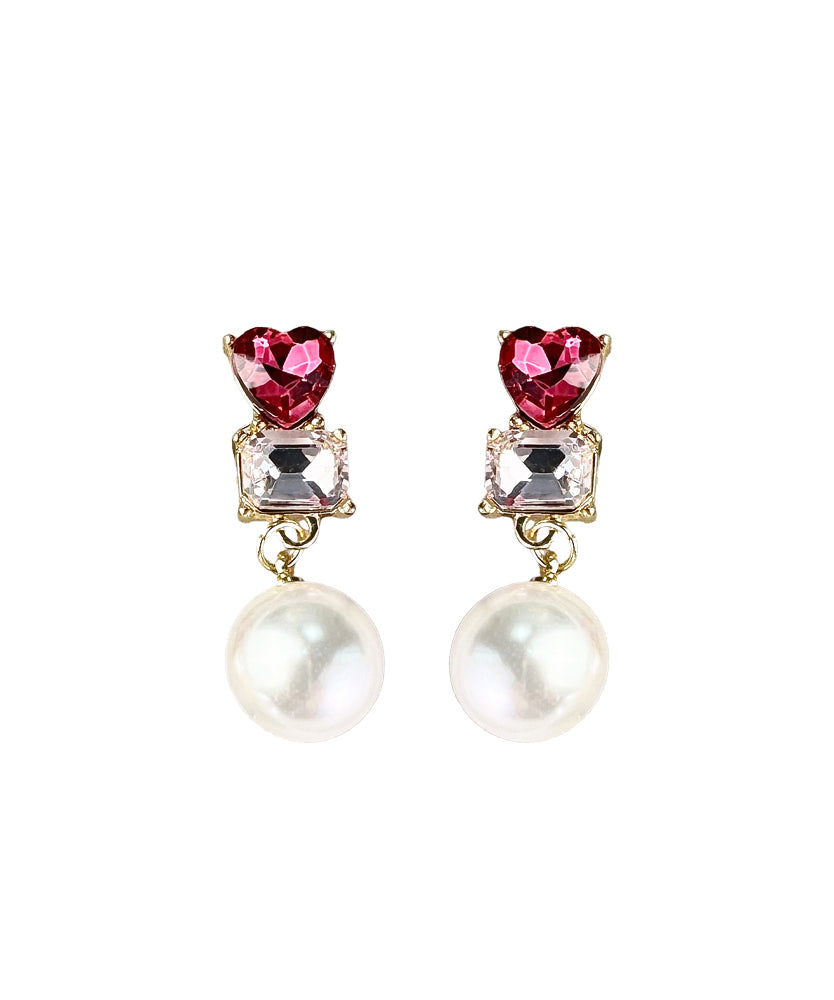 Stylish Red Sterling Silver Zircon Love Crystal Pearl Drop Earrings