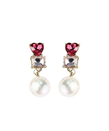 Stylish Red Sterling Silver Zircon Love Crystal Pearl Drop Earrings
